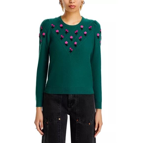 Aqua Cashmere 100% Green Sweater Pink Embroidered Flower Design Women's Size XS - Picture 2 of 15